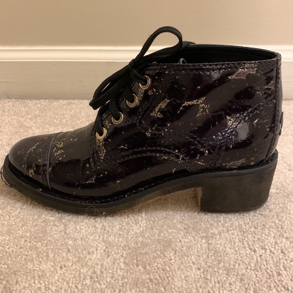 CHANEL Black Leather Lace-Up Ankle Boots w/ Gold Grommets & Scattered Flecks - Picture 2 of 7